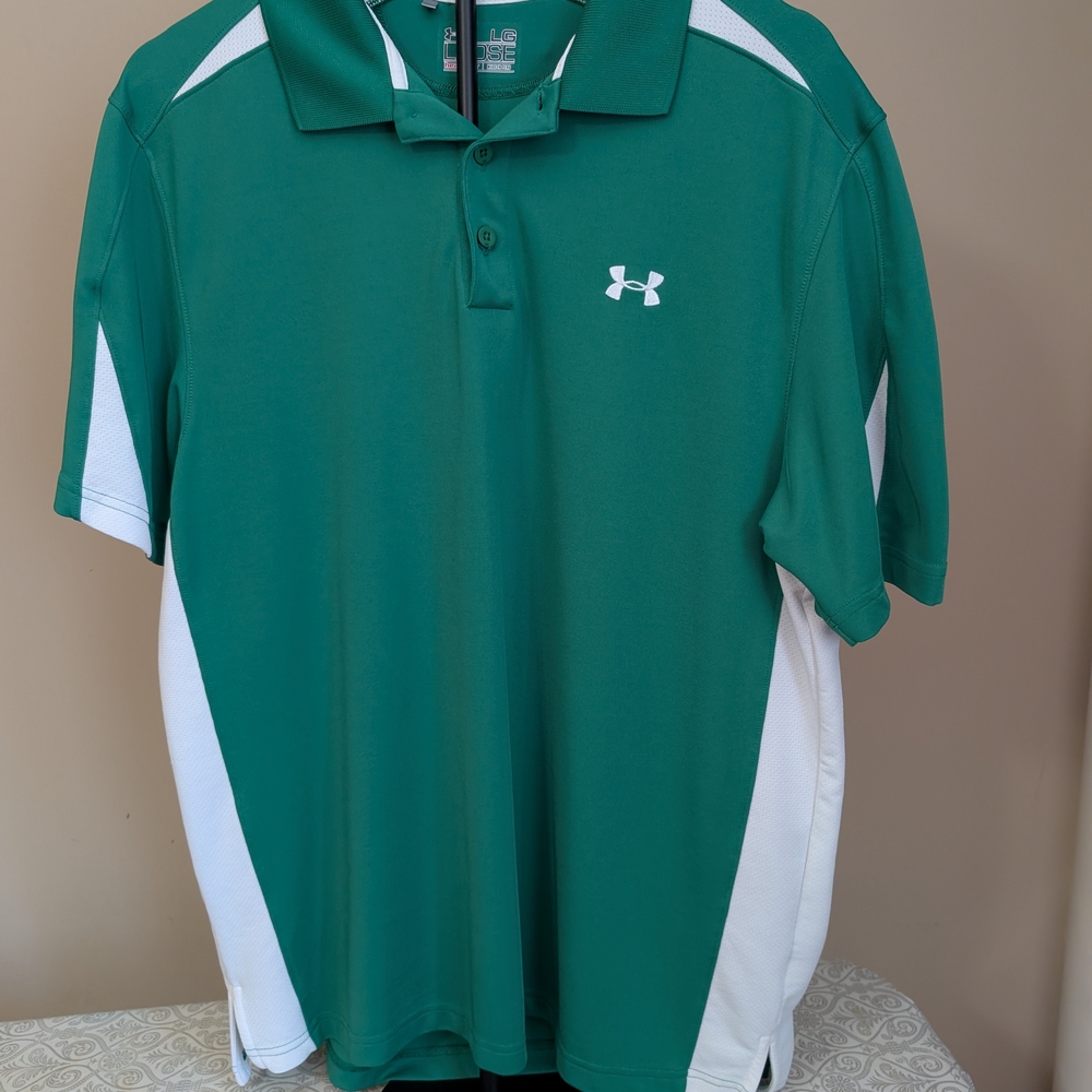 Under Armour Men's Green and White Polo Golf Shirt with Contrast Panels Size L